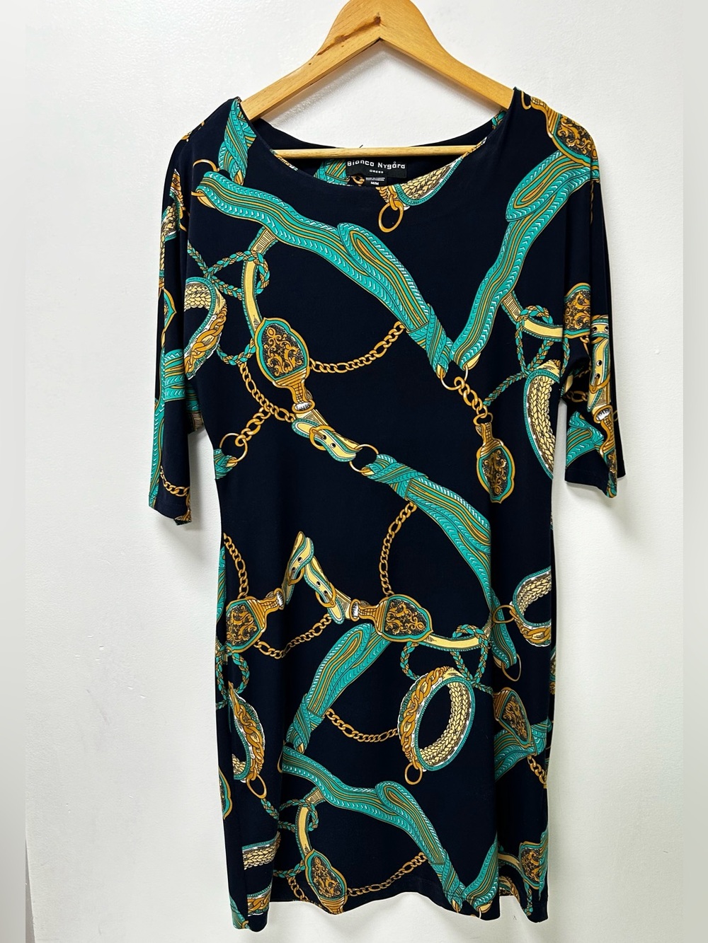 Bianca Nygård Navy Equestrian Chain Print Shift Dress 3/4‎ Sleeve Size M
